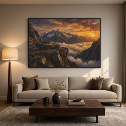 Black-framed canvas wall art featuring a vintage muscle car in a mountain valley at dusk