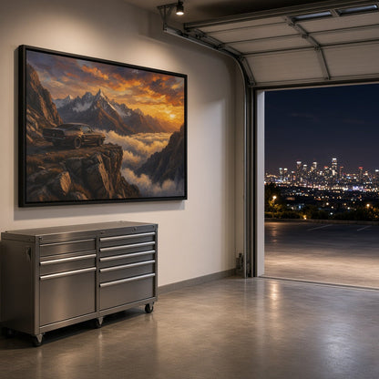 Framed canvas wall art with a vintage car over rocky cliffs and golden sunset mountains