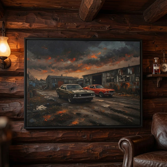 Framed matte canvas print close-up of two classic cars beneath dramatic storm clouds