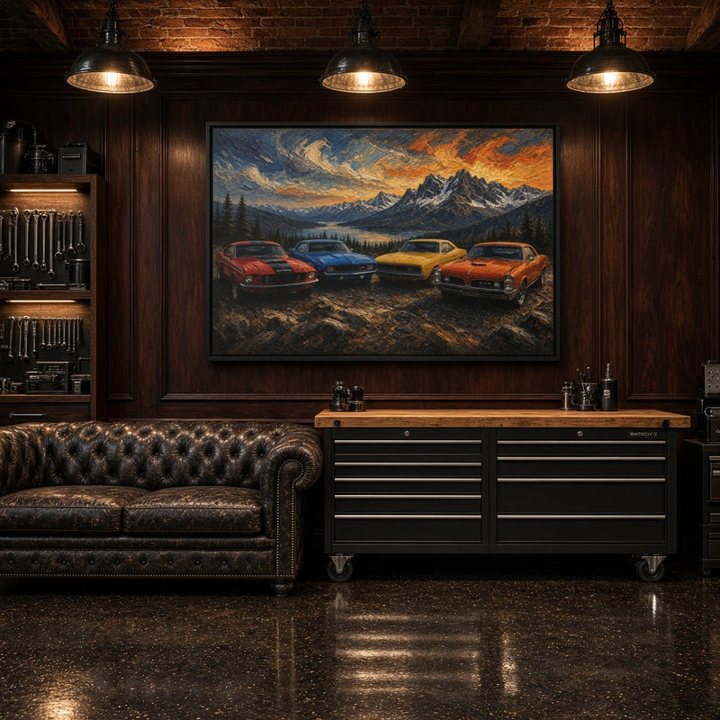 Vintage Muscle Cars | Sunset Overlook Framed Canvas