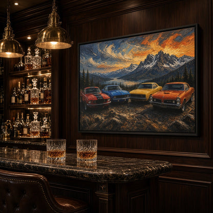 Vintage Muscle Cars | Sunset Overlook Framed Canvas