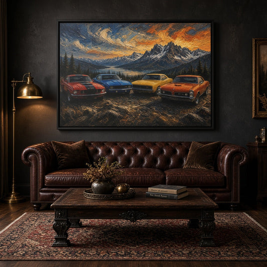 Vintage Muscle Cars | Sunset Overlook Framed Canvas