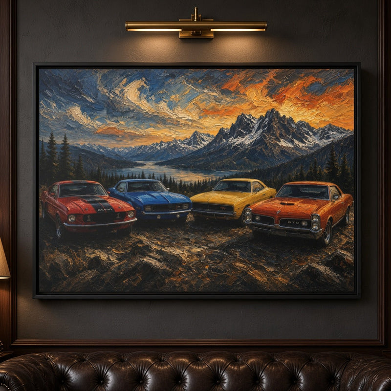 Vintage Muscle Cars | Sunset Overlook Framed Canvas