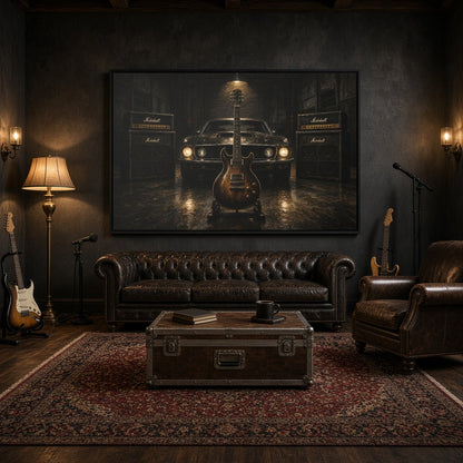 Black framed canvas wall art with front-view muscle car and electric guitar