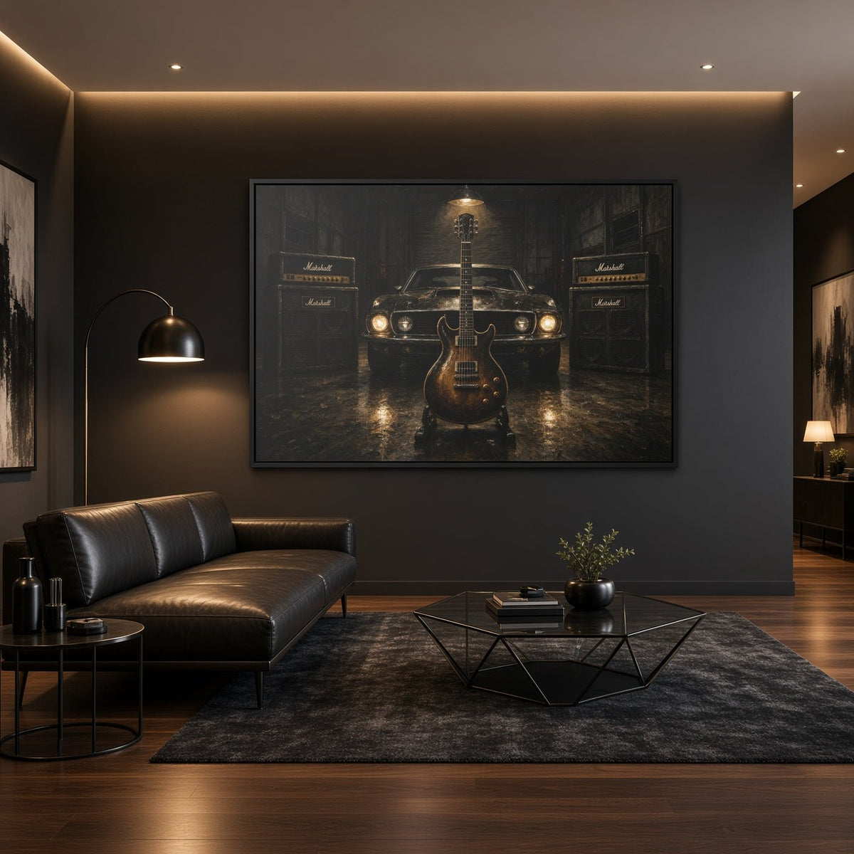 Black framed canvas wall art showing a muscle car front with electric guitar