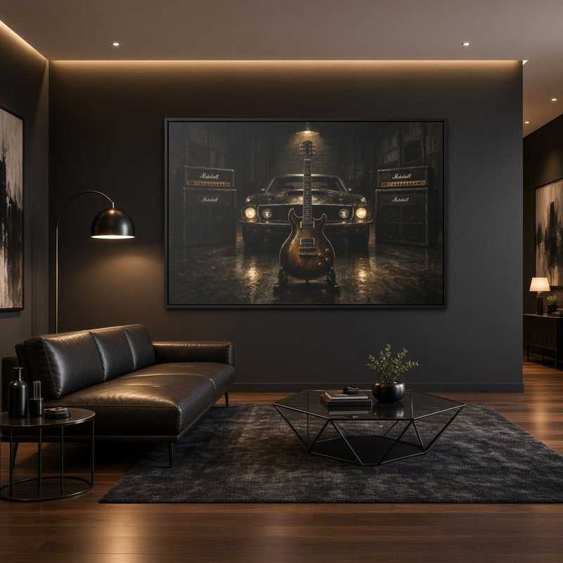 Black framed canvas wall art showing a muscle car front with electric guitar