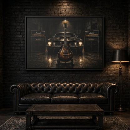 Black framed canvas wall art featuring a muscle car front and electric guitar