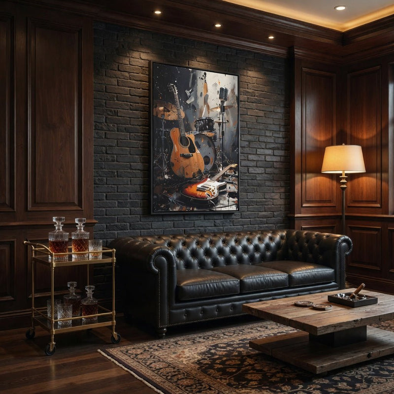 Black framed music canvas wall art with guitar trio and drum set
