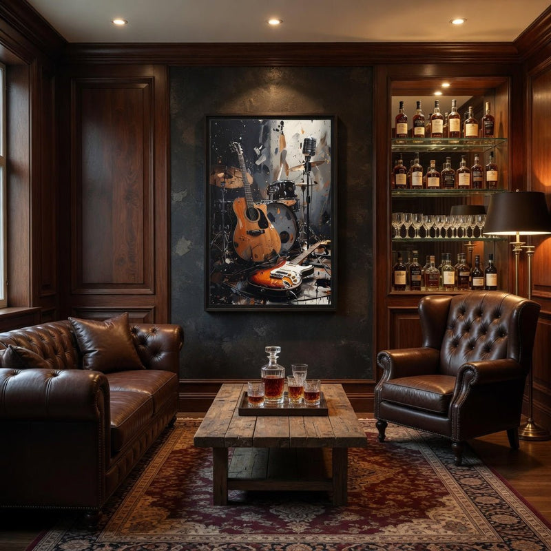 Framed matte canvas wall art featuring orange acoustic guitar, electric guitar, drums, microphone