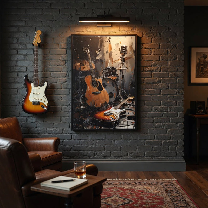 Black framed music canvas art with electric and acoustic guitars and drums inside