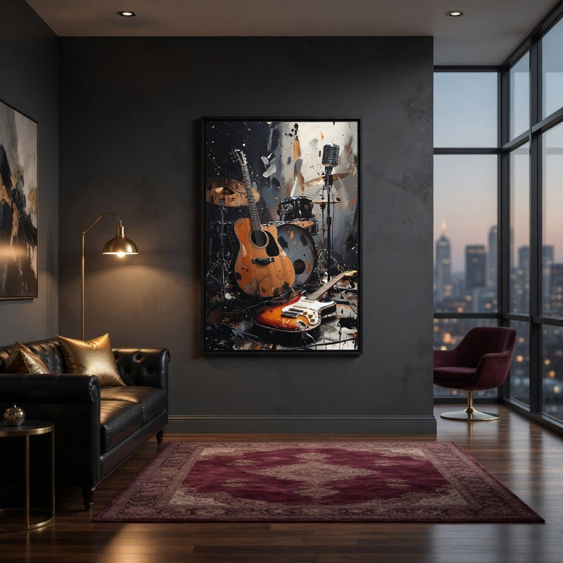 Black framed canvas wall art with guitars and drum set graphic