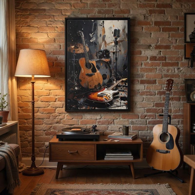 Black framed canvas wall art featuring acoustic and electric guitars with drum kit