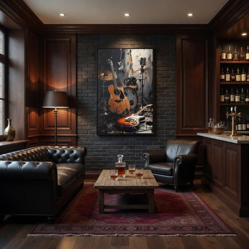 Black framed canvas with orange acoustic guitar, electric guitar, and drums illustration