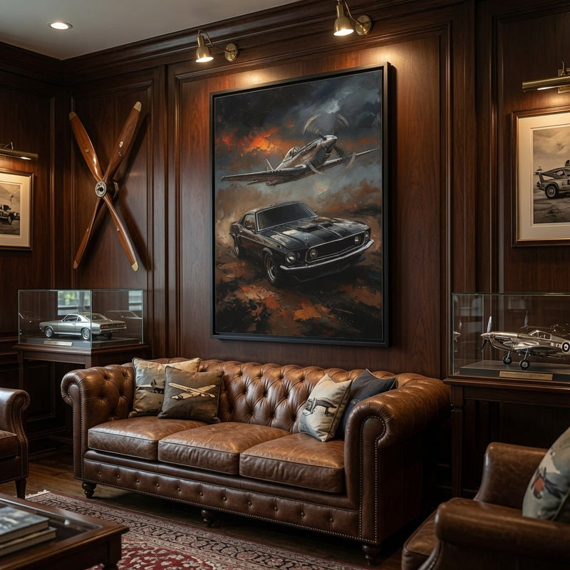 Framed wall art on wooden wall, featuring vintage car and fighter plane artwork