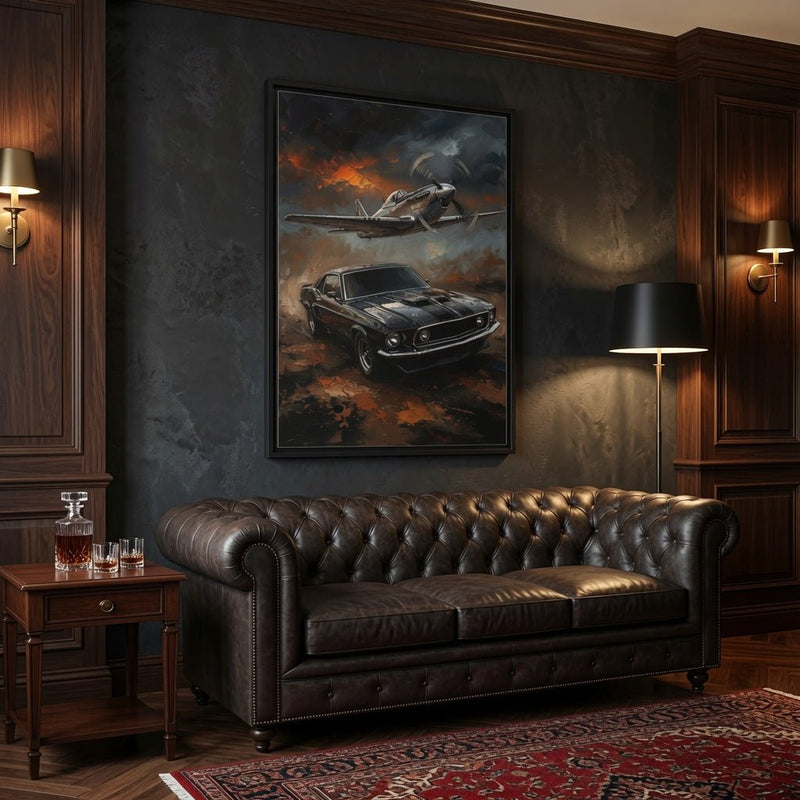 Black-framed wall art showing a fighter jet above a classic coupe in smoky flames