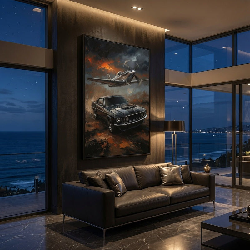Black-framed vertical wall art with fighter jet and vintage coupe amid orange smoke