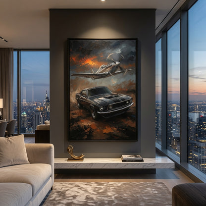 Vintage Mustang & WWII Fighter Plane Wall Art-Framed Canvas