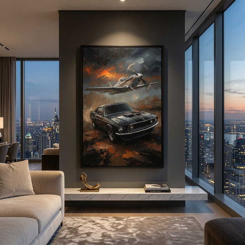 Black-framed framed wall art featuring fighter jet overhead and classic coupe below