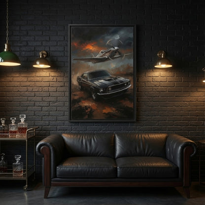 Vintage Mustang & WWII Fighter Plane Wall Art-Framed Canvas