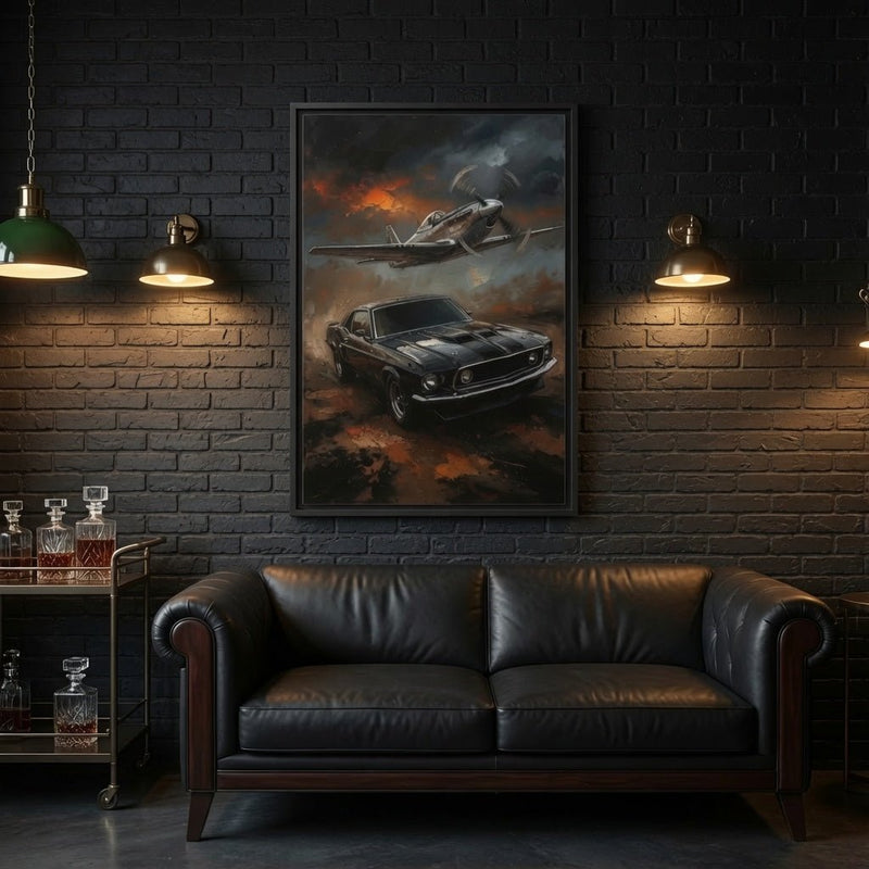 Framed wall art featuring a vintage car and fighter plane above a smoky, fiery backdrop