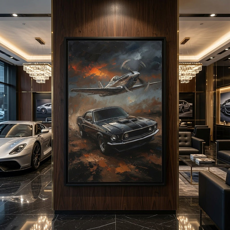 Framed wall art of vintage car and WWII-style fighter plane artwork, black frame