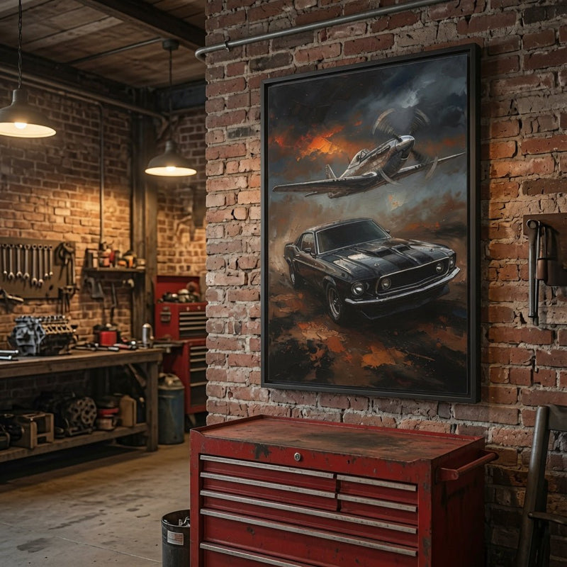 Black-framed wall art canvas depicting fighter jet and classic coupe in battle scene