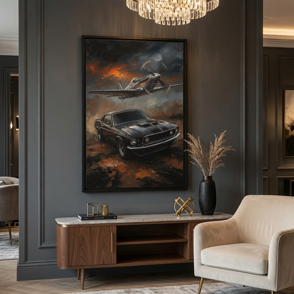 Vintage Mustang & WWII Fighter Plane Wall Art-Framed Canvas