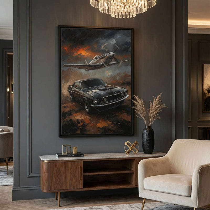 Black-framed wall art with fighter jet above classic coupe, orange and gray smoke