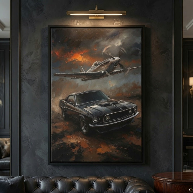 Framed wall art canvas with vintage car and fighter plane in smoky orange clouds
