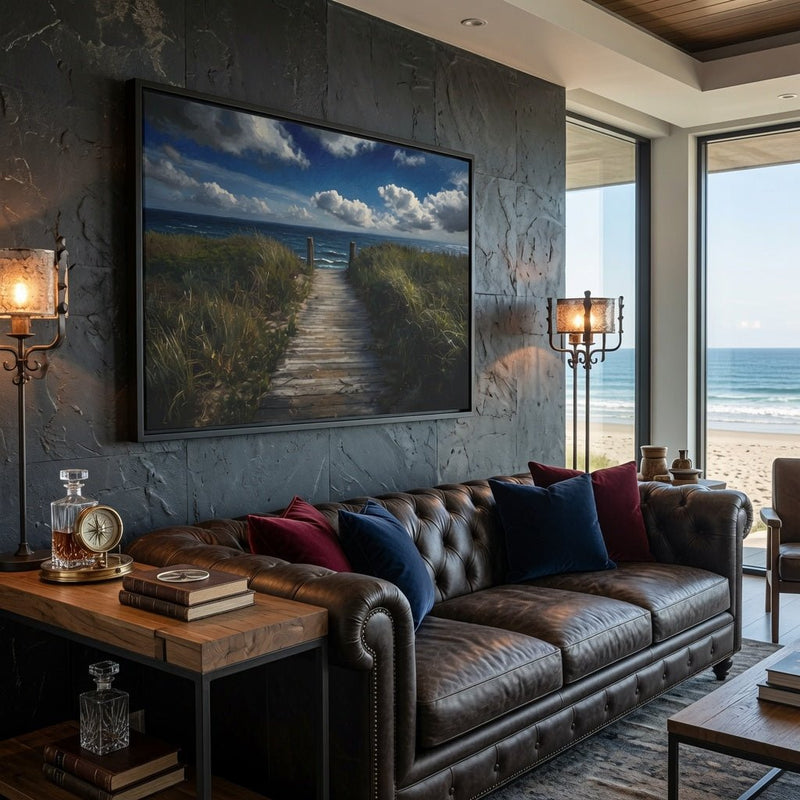 Black framed ocean seascape canvas with beach path and tall grasses