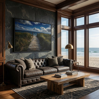 Black framed seascape canvas with beach path and ocean view near windows