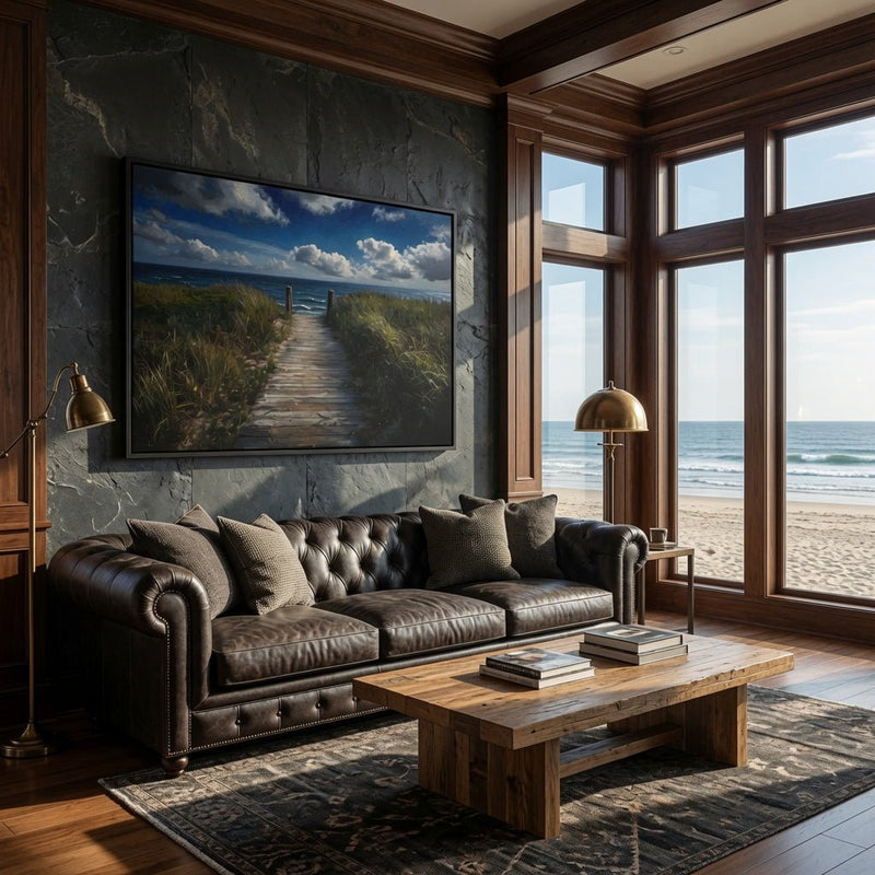 Black framed seascape canvas with beach path and ocean view near windows