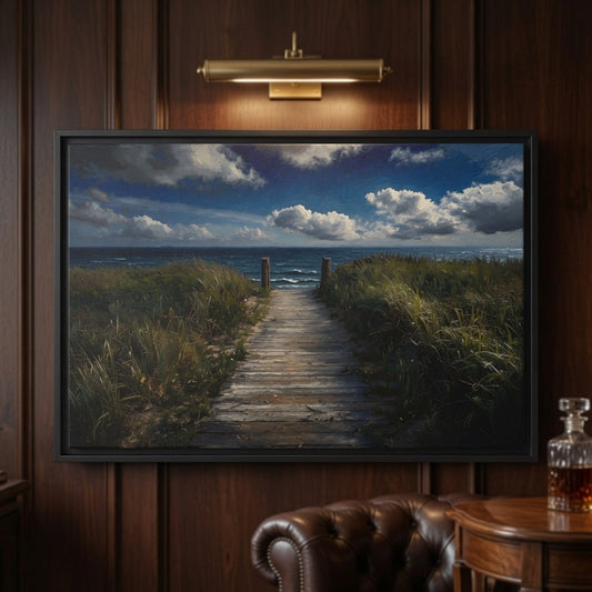 Black framed ocean seascape canvas close-up with sandy path and grasses