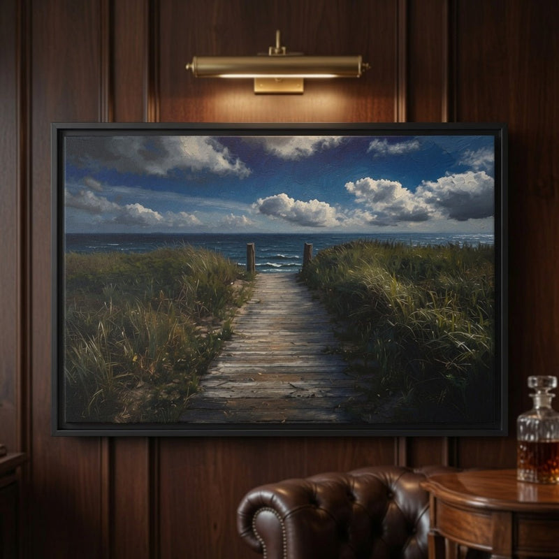 Black framed ocean seascape canvas close-up with sandy path and grasses