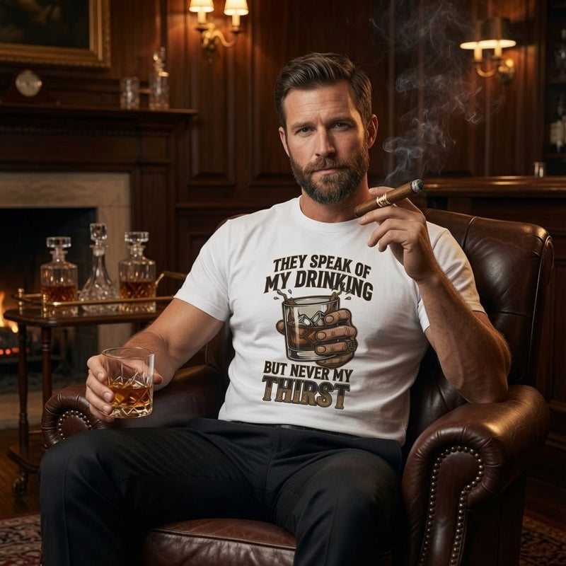 Whiskey glass graphic tee, white crew neck with drink-themed front graphic.