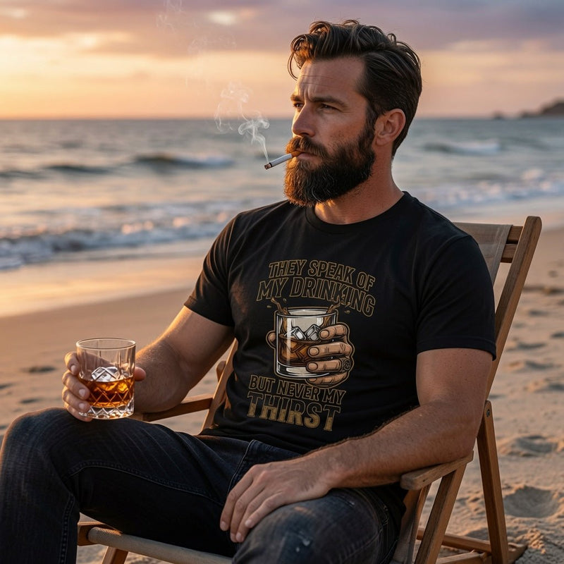 Whiskey glass graphic tee, black crew neck with front drink-themed graphic.