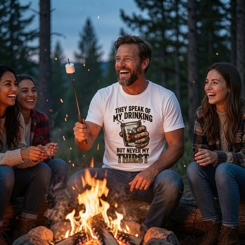 Man wearing white whiskey quote graphic T-shirt by a campfire at night