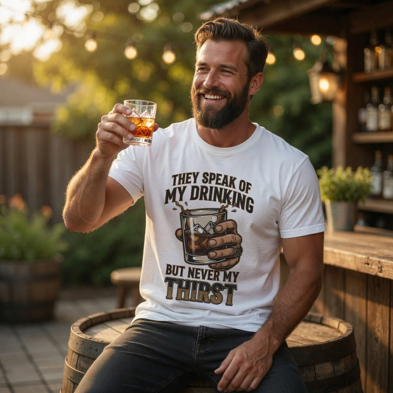 White crewneck tee with whiskey glass hands graphic, man holding a whiskey glass.