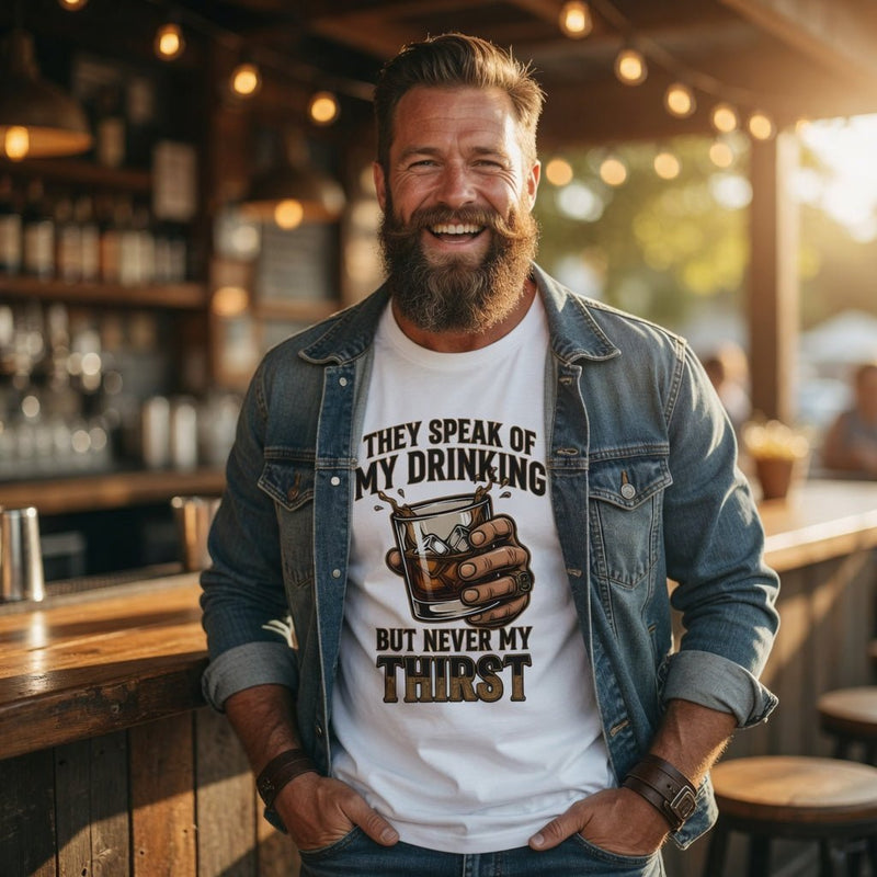 Whiskey glass graphic tee, white crew neck with bold drink-themed front print.