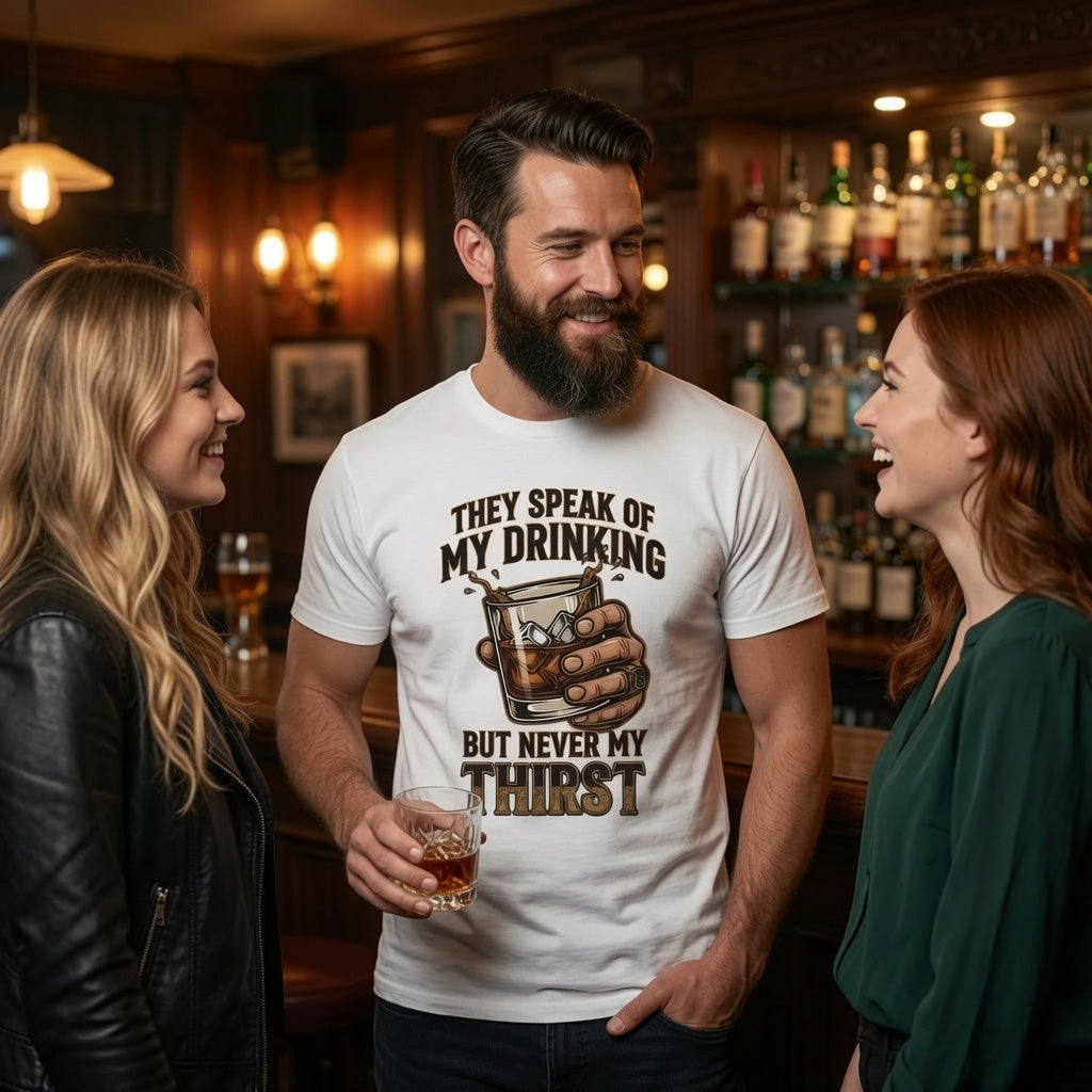 "They Speak of My Drinking but Never My Thirst" Whiskey Glass Tee
