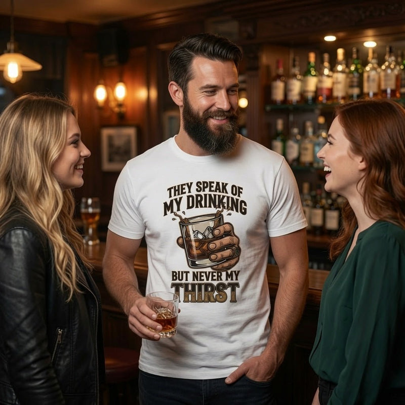 Man wearing white whiskey quote graphic T-shirt in a bar, holding a drink