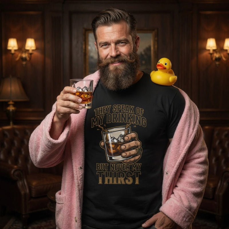 Black whiskey glass graphic tee with slogan print on front