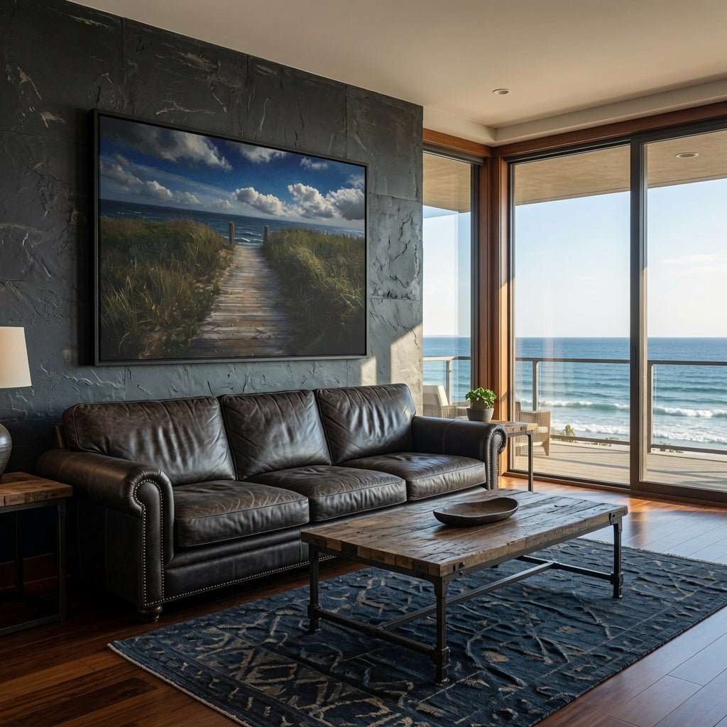 Framed ocean view canvas with black frame, boardwalk scene with ocean water and clouds.