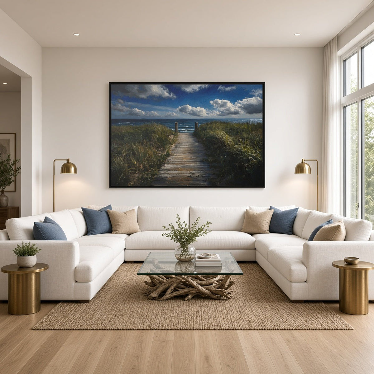 Framed ocean view canvas with black frame, dune walkway and blue ocean beneath cloud cover.