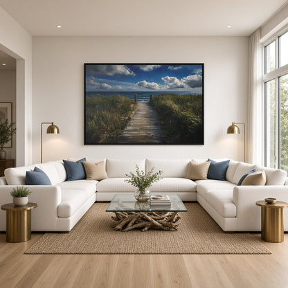 Framed ocean view canvas with black frame, dune walkway and blue ocean beneath cloud cover.