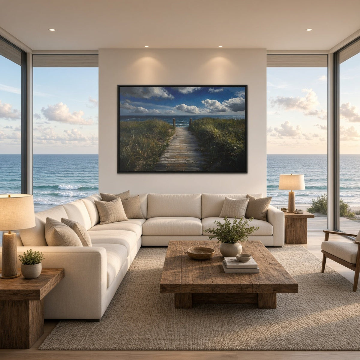 Framed ocean view canvas, black frame featuring a sandy walkway between green dunes to ocean.