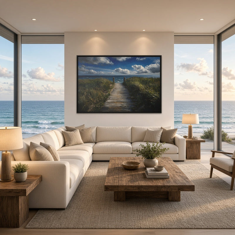 Framed ocean view canvas, black frame featuring a sandy walkway between green dunes to ocean.