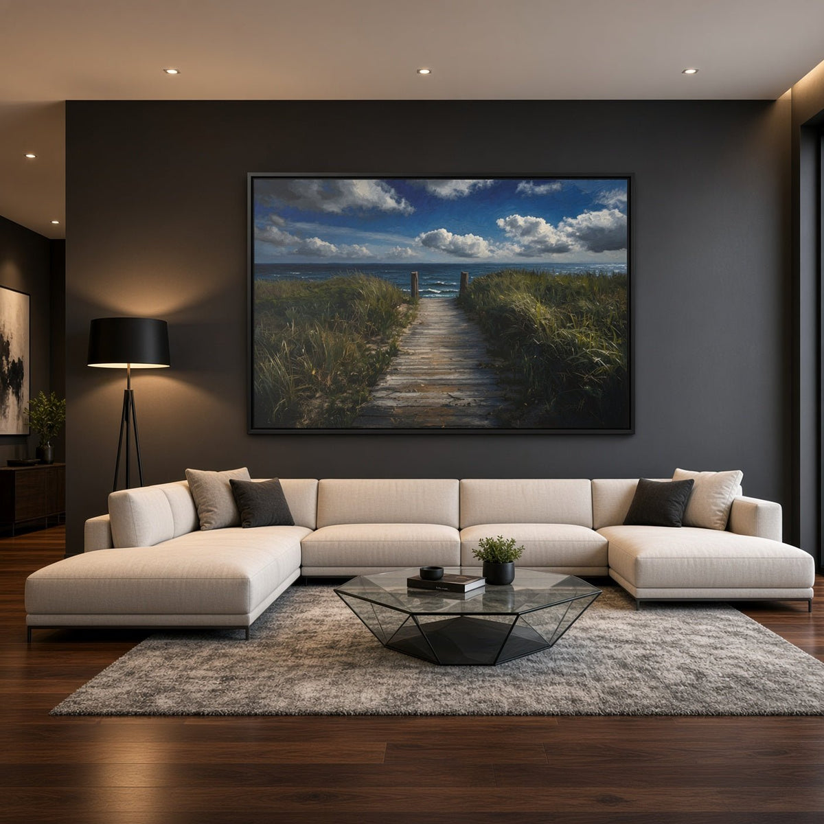 Framed ocean view canvas in black frame, straight dune path leading to a distant pier.