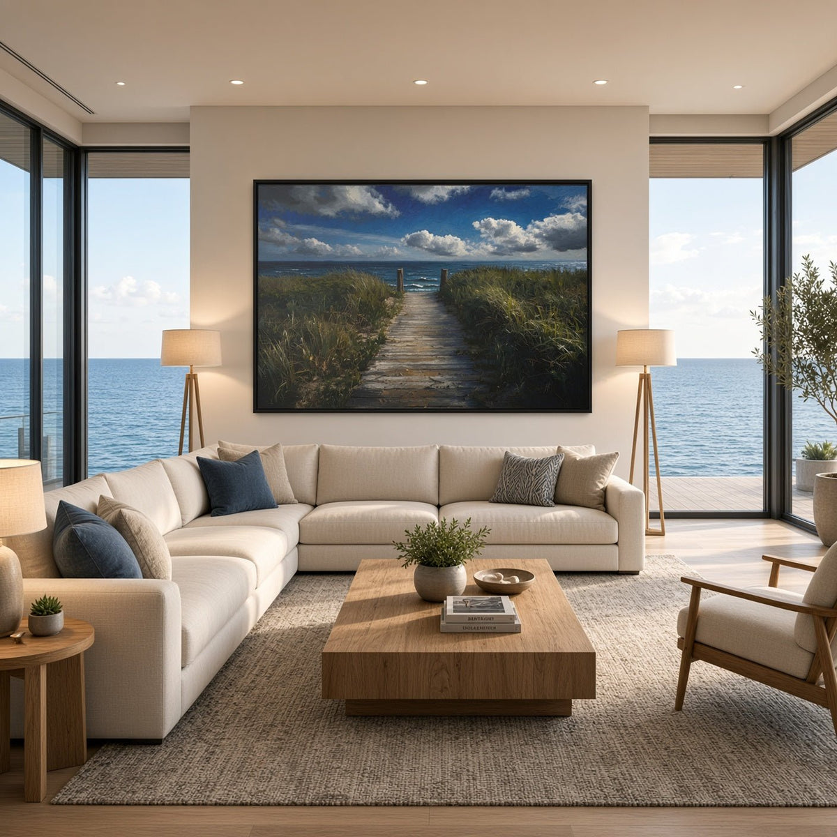 Framed ocean view canvas with black frame, boardwalk path and ocean horizon under clouds.