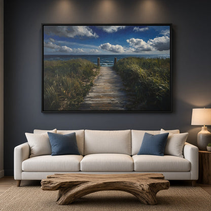 Framed ocean view canvas with black border, sandy path through dunes toward the sea.
